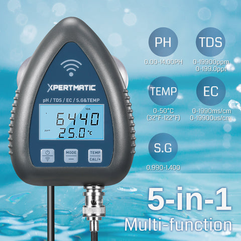 XpertMatic 5-in-1 PH Meter, PH TDS EC SALT TEMP Water Tester, Long-Term PH Monitoring, Wi-Fi Remote Control, for Aquarium, Hydroponics, Lab, and Pool