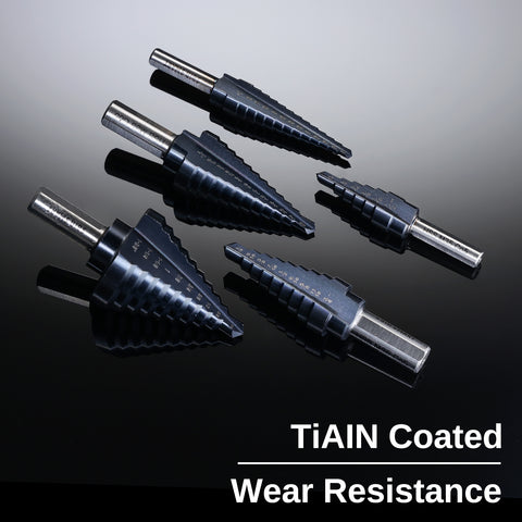 SD05A, 1/8”~1-3/8” TiAIN Coated Double Flute M35 Cobalt Step Drill Bits Set, Tri-Flat Shank, 5PCS, for Metal, Stainless Steel, Aluminum, Copper, Wood, PVC