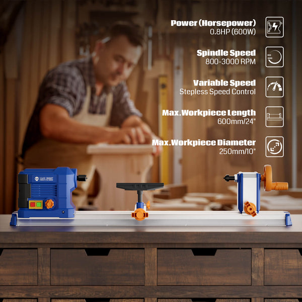 Benchtop Wood Lathe, 10''x24'', 600W 0.8 HP,With Step-Less
