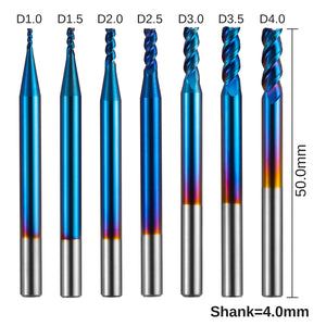 SN07A, 4mm Shank, 3-Flute, Square End Mill, for Aluminum Applications, 7 Pcs