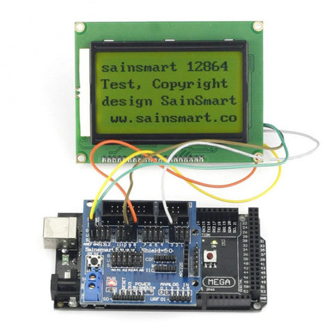 [Discontinued] SainSmart Mega2560 R3+12864 LCD Yellow+Sensor Shield V5 Kit For Arduino AVR ATmega8U2