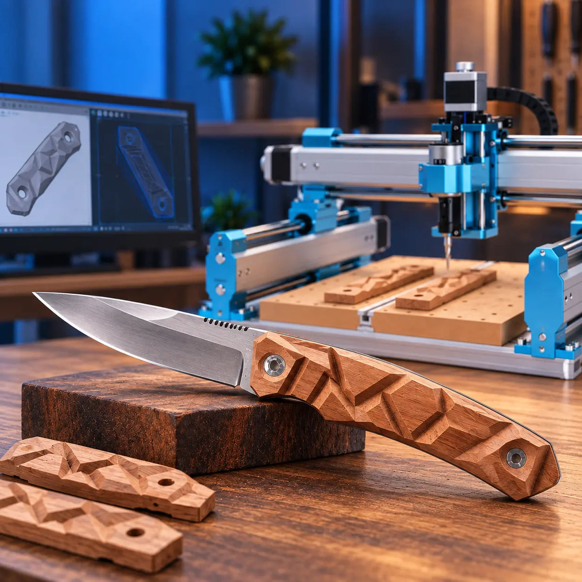 Custom CNC-machined wooden knife scales beside a Genmitsu 4040-PRO CNC router