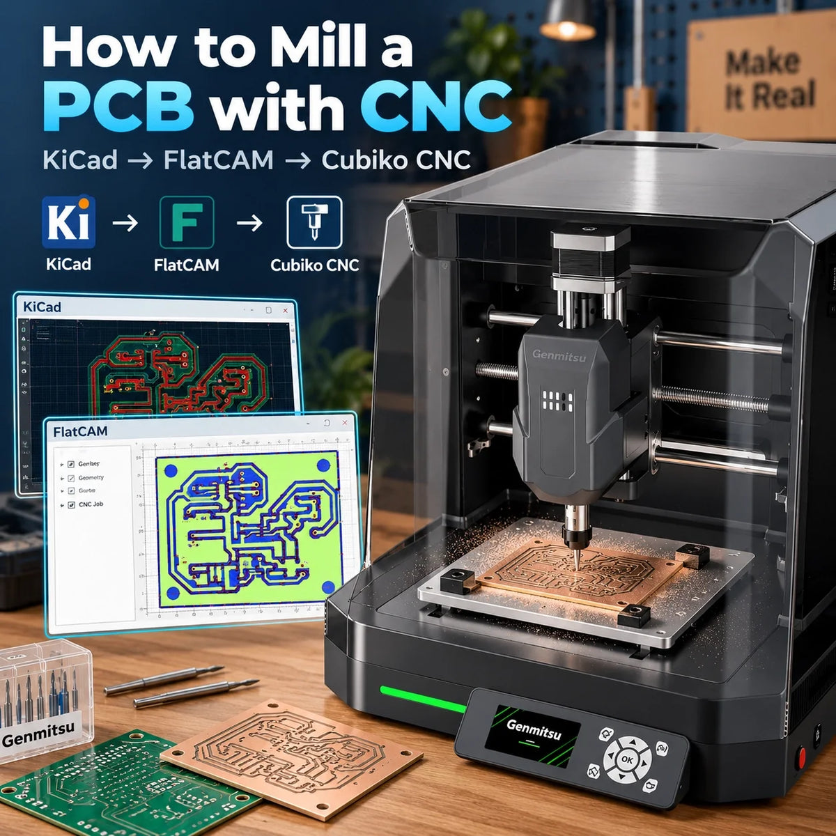 Cubiko CNC milling a PCB from KiCad and FlatCAM toolpaths