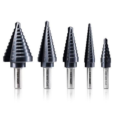 SD05A, 1/8”~1-3/8” TiAIN Coated Double Flute M35 Cobalt Step Drill Bits Set, Tri-Flat Shank, 5PCS, for Metal, Stainless Steel, Aluminum, Copper, Wood, PVC