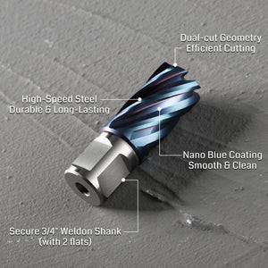 HSS Annular Cutter Set 7 Pcs, Weldon Shank 3/4”, Cutting Depth 1”, Cutting Diameter 1/2 to 1-1/16”, 6Pcs Cutters for Magnetic Drill Press And 1 Pilot Pin
