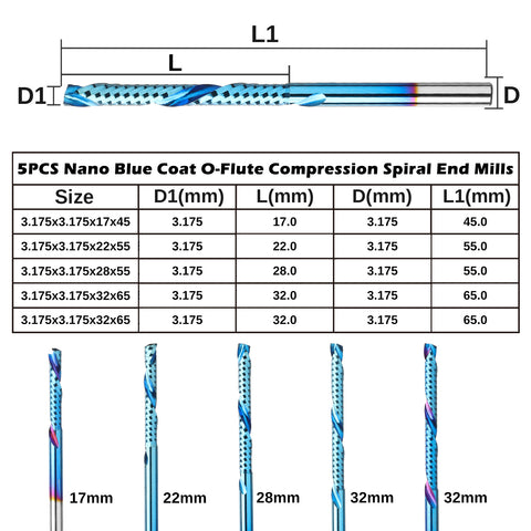 OC05A, 1/8" Shank, Carbide Spiral O Flute Up & Down Compression End Mill CNC Router Bits, 5Pcs