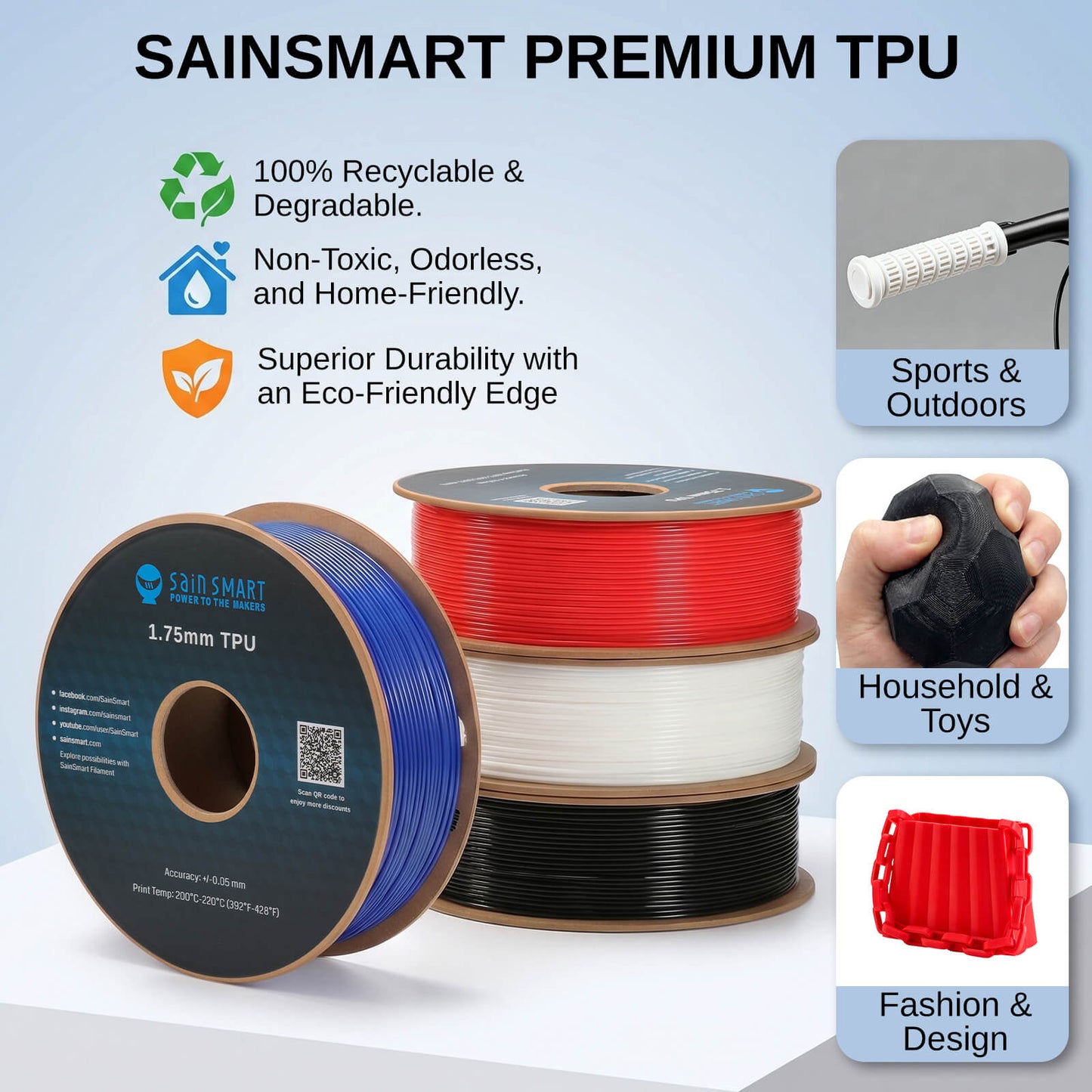 TPU Filament 1.75mm, Upgrade 1KG (2.2 lbs) 95A Flexible TPU, ±0.05mm Accuracy, 3D Printer Filament, Compatible with Most FDM Printers