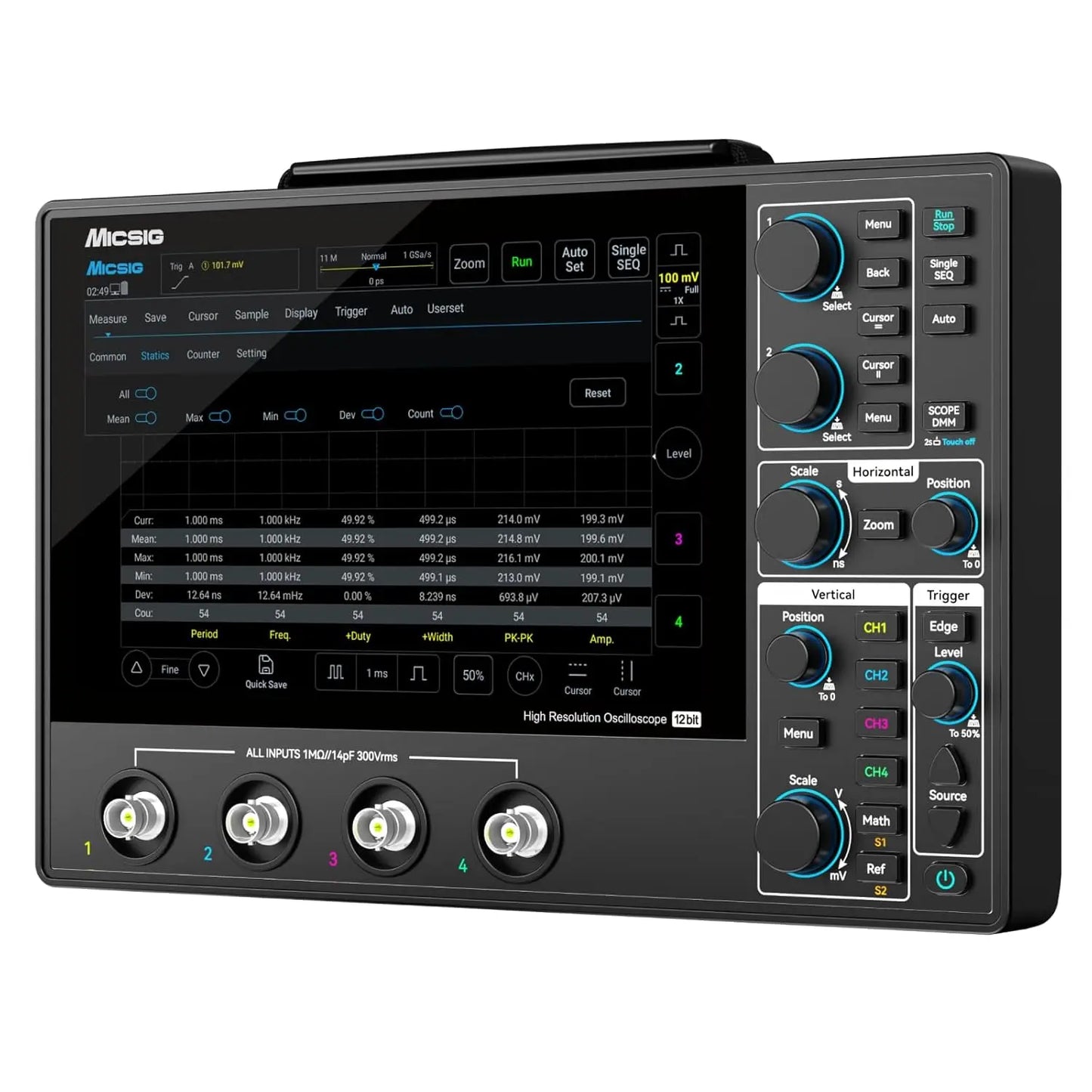 Micsig 12bit High Resolution Tablet Oscilloscope MHO1, Portable Handheld with 4 Analog Channels 200MHz Bandwidth 1GSa/s Sampling Rate, 8” HD Touch Screen & 16000mAh Battery
