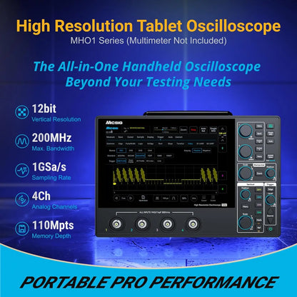 Micsig 12bit High Resolution Tablet Oscilloscope MHO1, Portable Handheld with 4 Analog Channels 200MHz Bandwidth 1GSa/s Sampling Rate, 8” HD Touch Screen & 16000mAh Battery