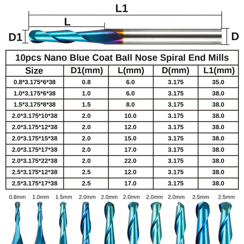 BN10A, 1/8'' Shank, 2-Flute, Ball Nose, Spiral End Mill, 0.8-2.5mm Cutting Diameter, 10 Pcs