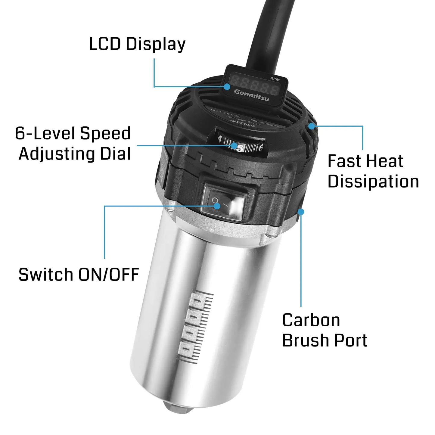 710W CNC Compact Router 65mm Diameter, Spindle Motor with LCD Digital Display 6 Adjustable Speeds, 1/8” ER11 Collet, 4 Carbon Brushes, for CNC Milling Machine