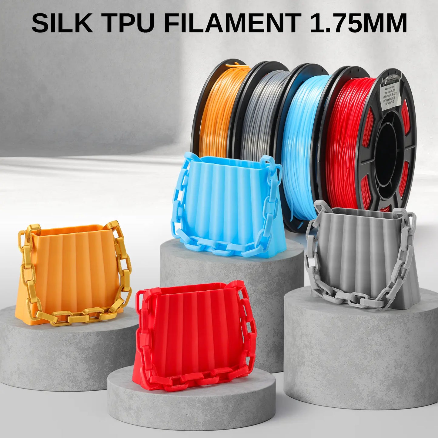 Silk TPU Filament 4x250g Bundle, 95A 1.75 mm, Dimensional Accuracy ±0.03 mm, Glossy Silk Surface, Gold, Dark Silver, Blue, Red