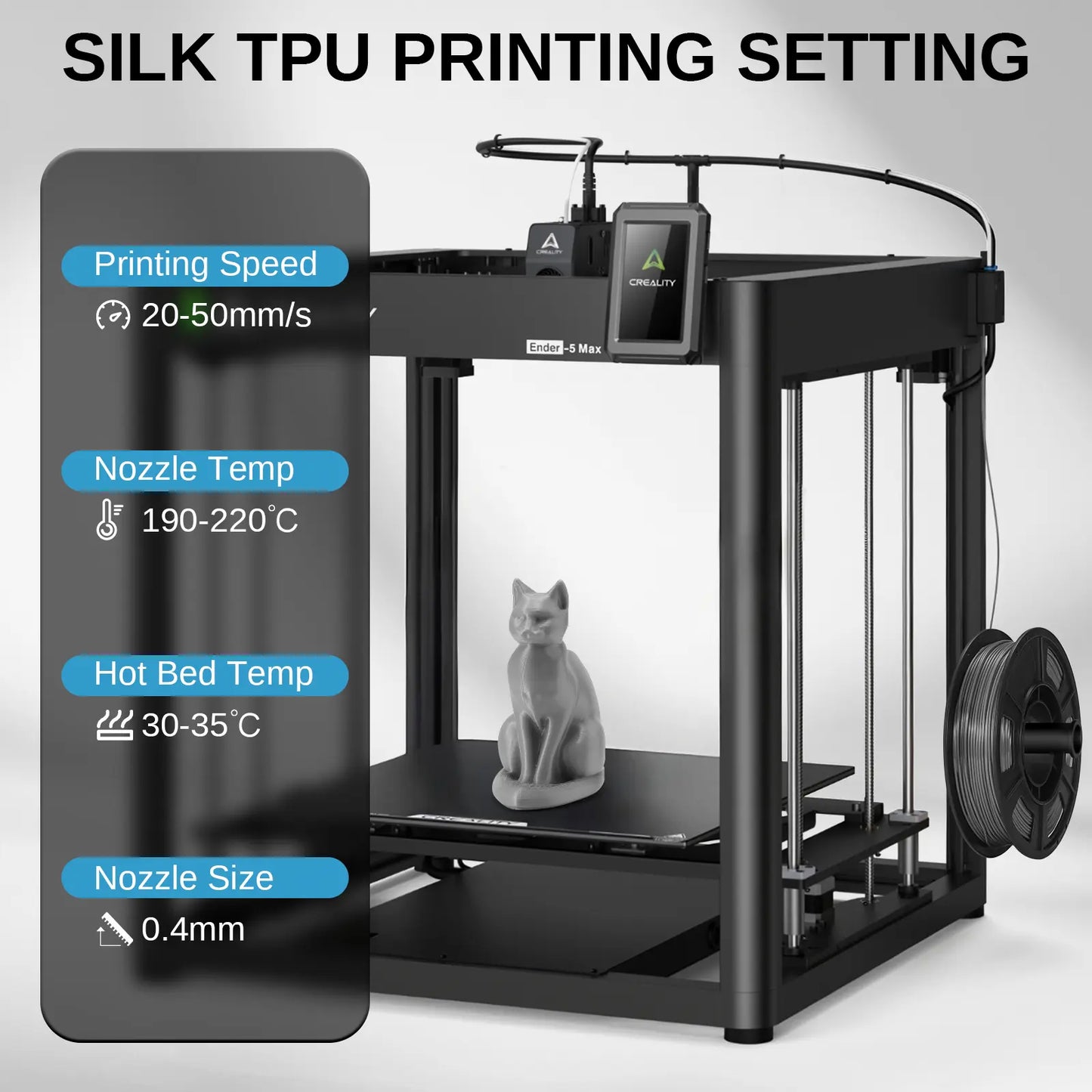 Silk TPU Filament 4x250g Bundle, 95A 1.75 mm, Dimensional Accuracy ±0.03 mm, Glossy Silk Surface, Gold, Dark Silver, Blue, Red