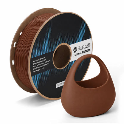 Earth Brown SainSmart matte TPU filament spool with a flexible printed sample