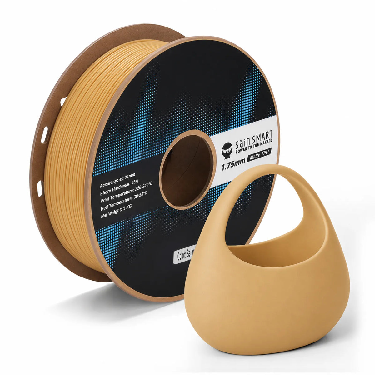 Light Brown SainSmart matte TPU filament spool with a flexible printed sample