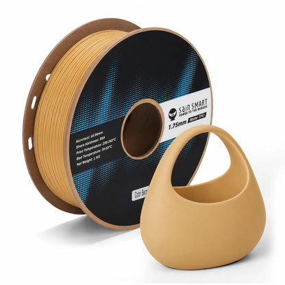 Light Brown SainSmart matte TPU filament spool with a flexible printed sample