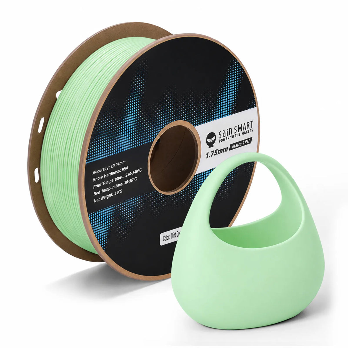 Mint Green SainSmart matte TPU filament spool with a flexible printed sample