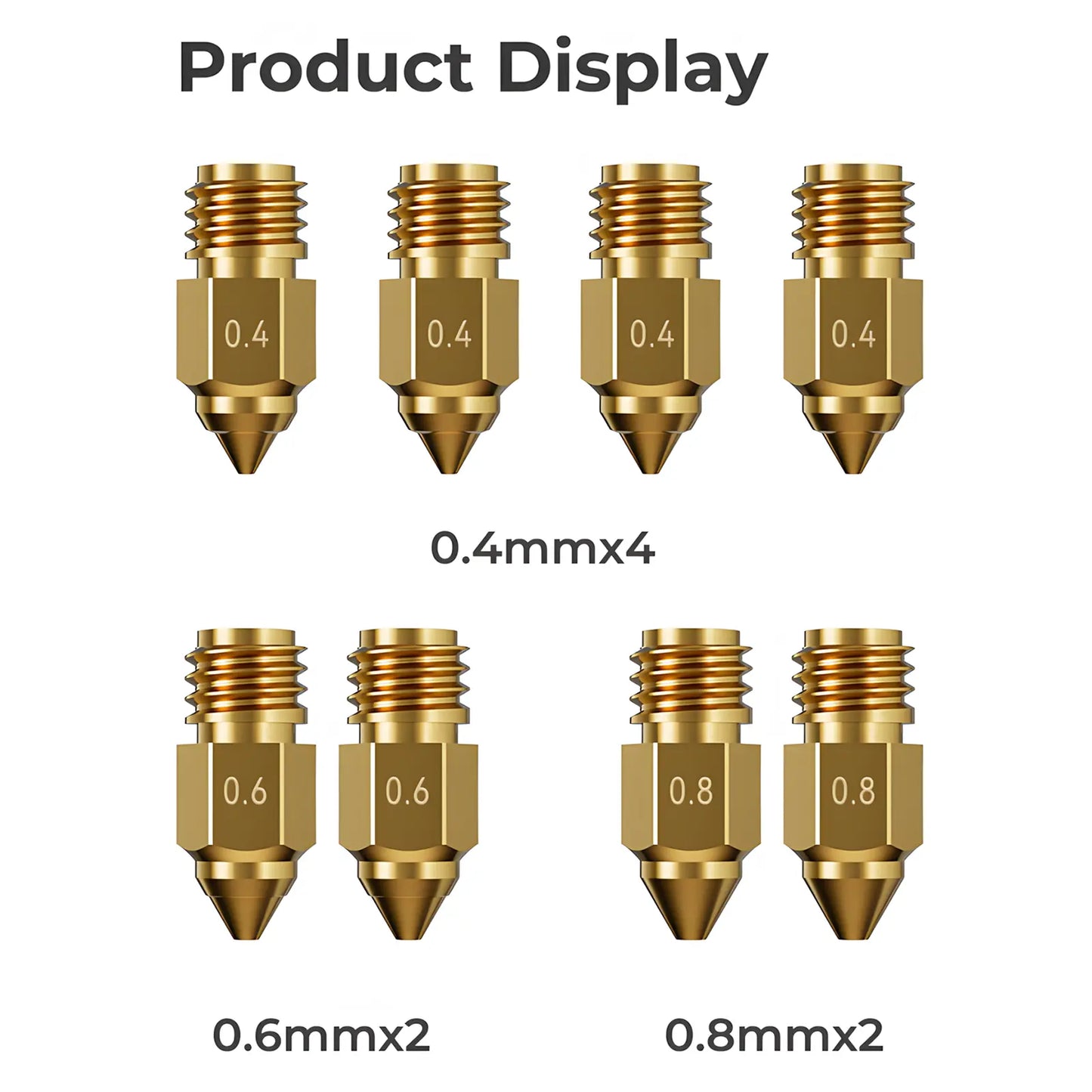 Creality Ender-5 Max Brass Nozzle Set (0.4mm x 4, 0.6mm x 2, 0.8mm x 2), High Thermal Conductivity, High Hardness, Less Clogging & No Leakage, Compatible with PLA, ABS, TPU, PETG, PA, PC FDM Materials