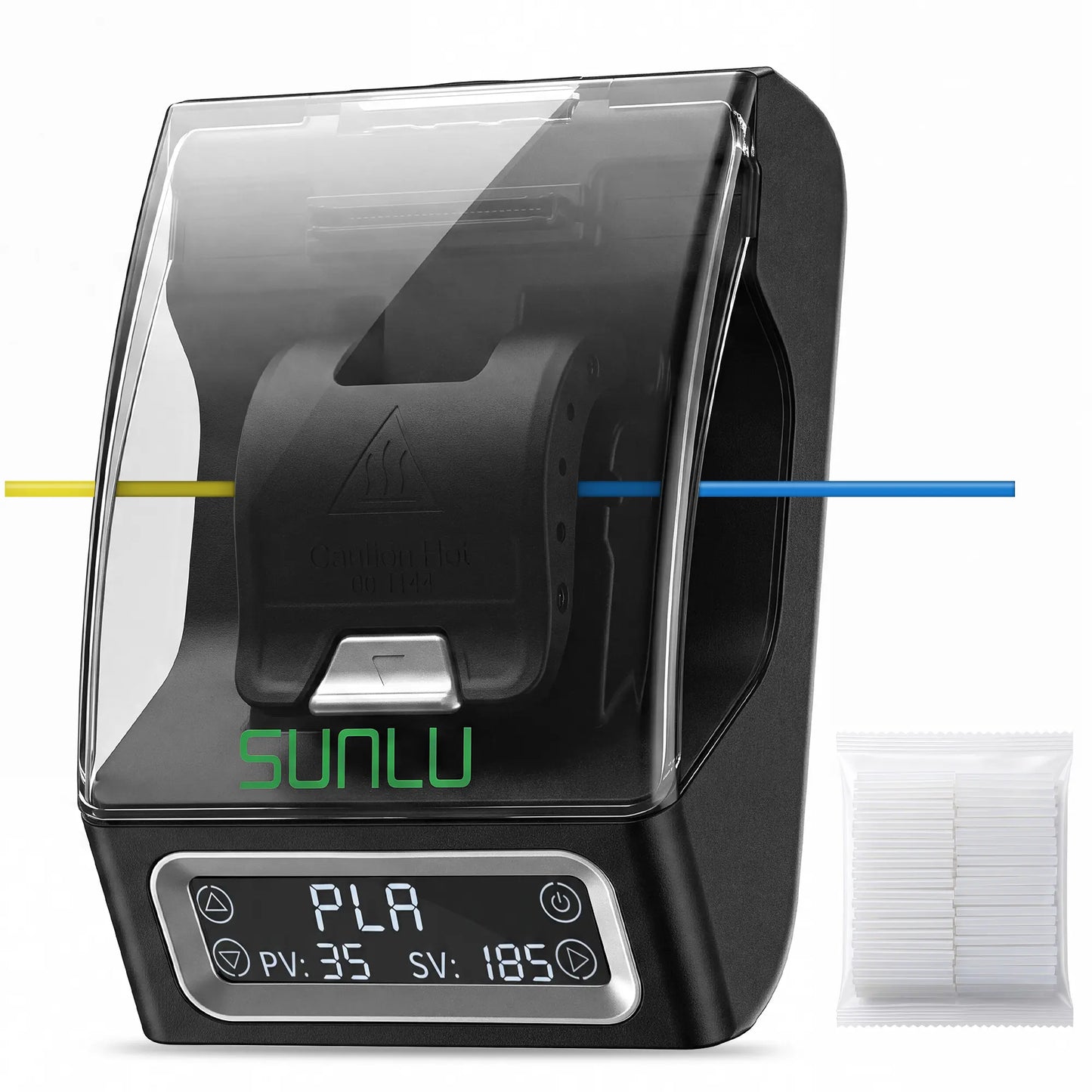 SUNLU filament connector with display, two 1.75mm filament strands, and PTFE sleeves