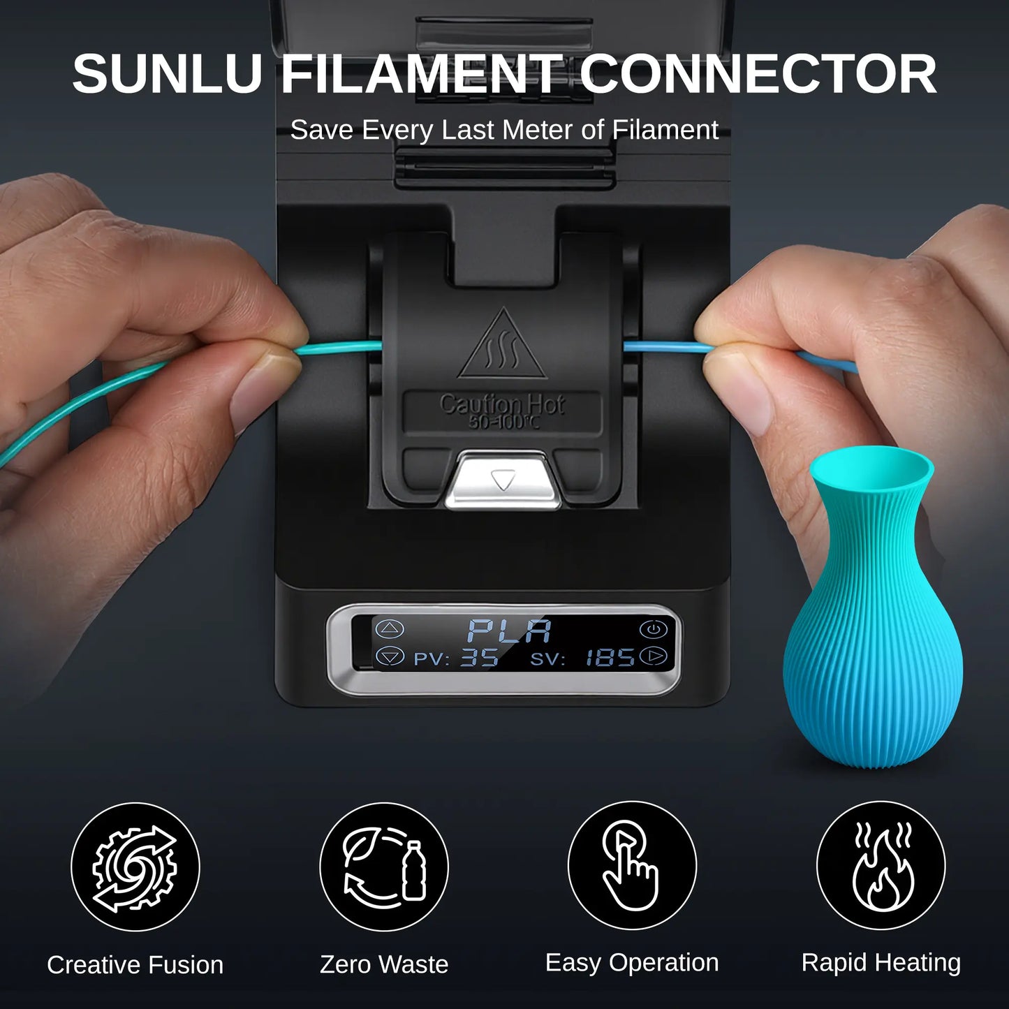 SUNLU filament connector joining two filament ends to make a 3D printed vase