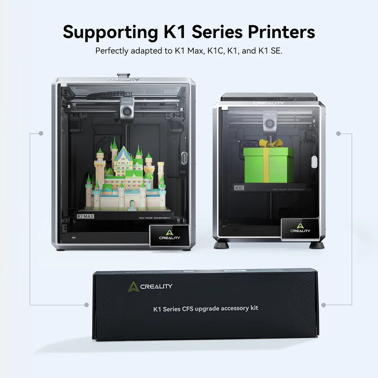 Creality K1 Series printers and upgrade accessory kit on a white background