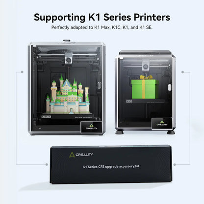Creality K1 Series printers and upgrade accessory kit on a white background