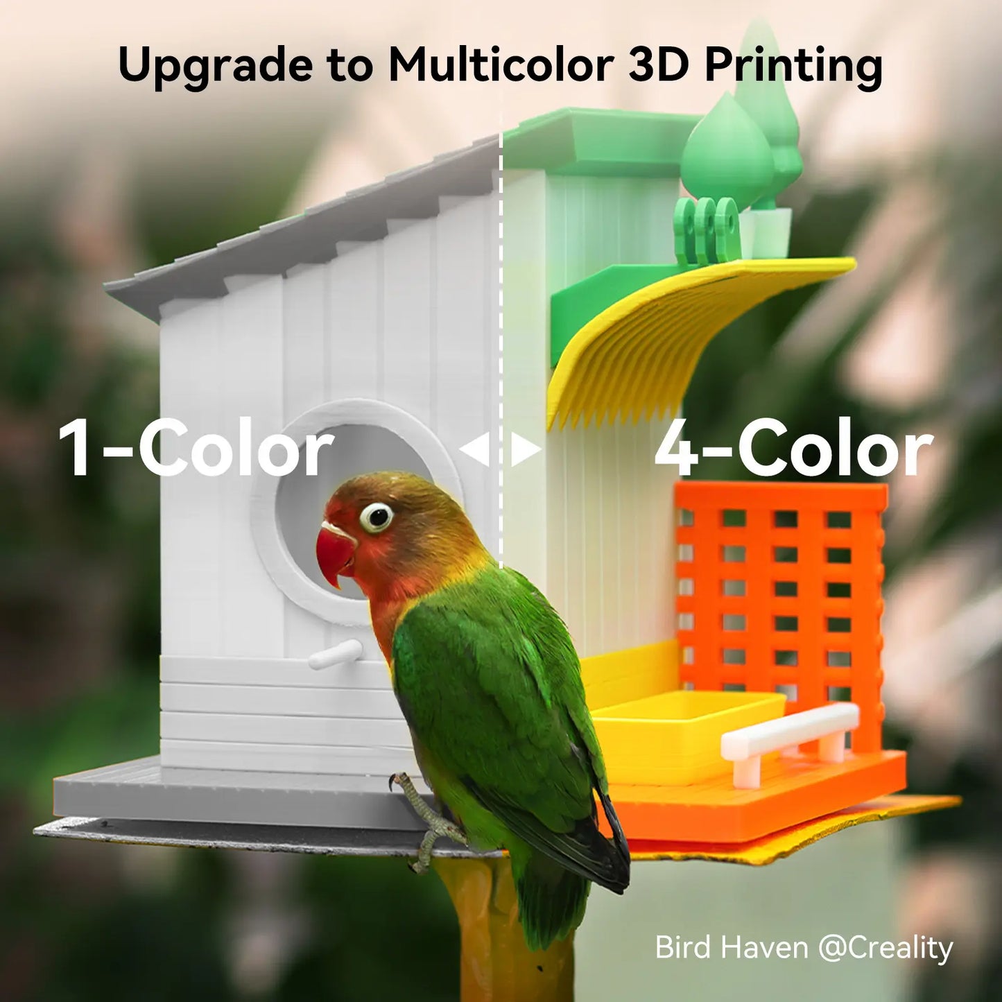 Bird perched on a 3D-printed birdhouse with text about multicolor 3D printing.