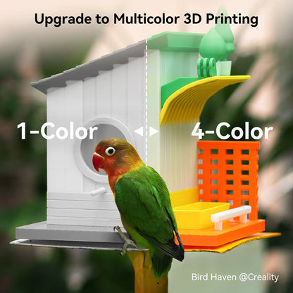 Bird perched on a 3D-printed birdhouse with text about multicolor 3D printing.