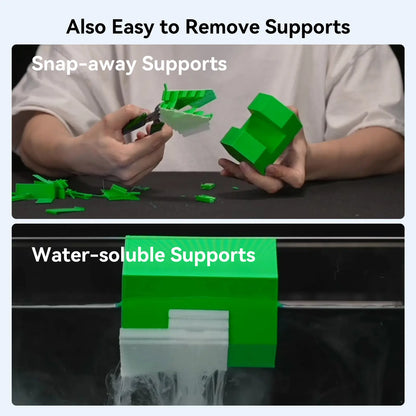 Two images showing green 3D printing supports being removed with text indicating 'Snap-away Supports' and 'Water-soluble Supports'.