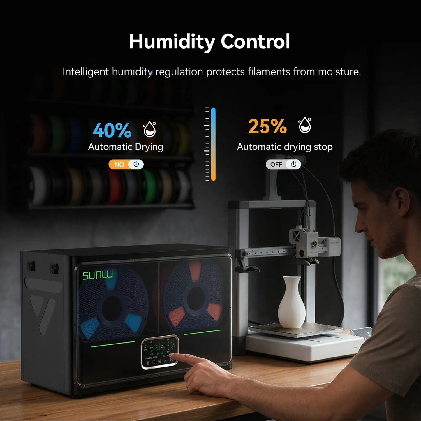 SUNLU S4 Pro Dual-Zone 3D Printer Filament Dryer, 4-Spool, 380W, 85°C.