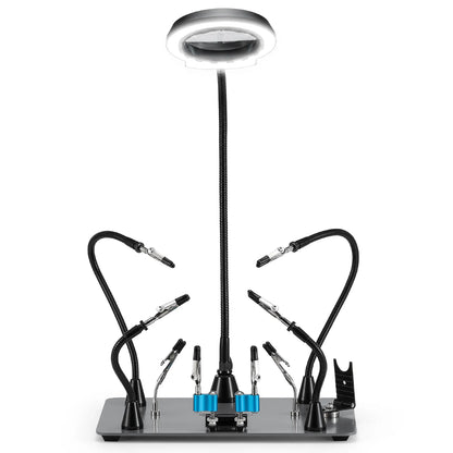 Upgraded Magnetic Helping Hands Soldering Station, New Soldering Iron & Mini Clip Holders, 5x Magnification Integrated LED, 6 Adjustable Gooseneck Arms, 11.1x7.1" Base, for DIY & Electronics
