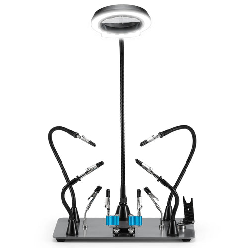 Upgraded Magnetic Helping Hands Soldering Station, New Soldering Iron & Mini Clip Holders, 5x Magnification Integrated LED, 6 Adjustable Gooseneck Arms, 11.1x7.1" Base, for DIY & Electronics