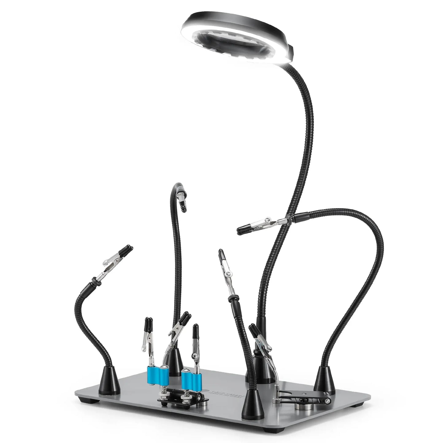 Upgraded Magnetic Helping Hands Soldering Station, New Soldering Iron & Mini Clip Holders, 5x Magnification Integrated LED, 6 Adjustable Gooseneck Arms, 11.1x7.1" Base, for DIY & Electronics