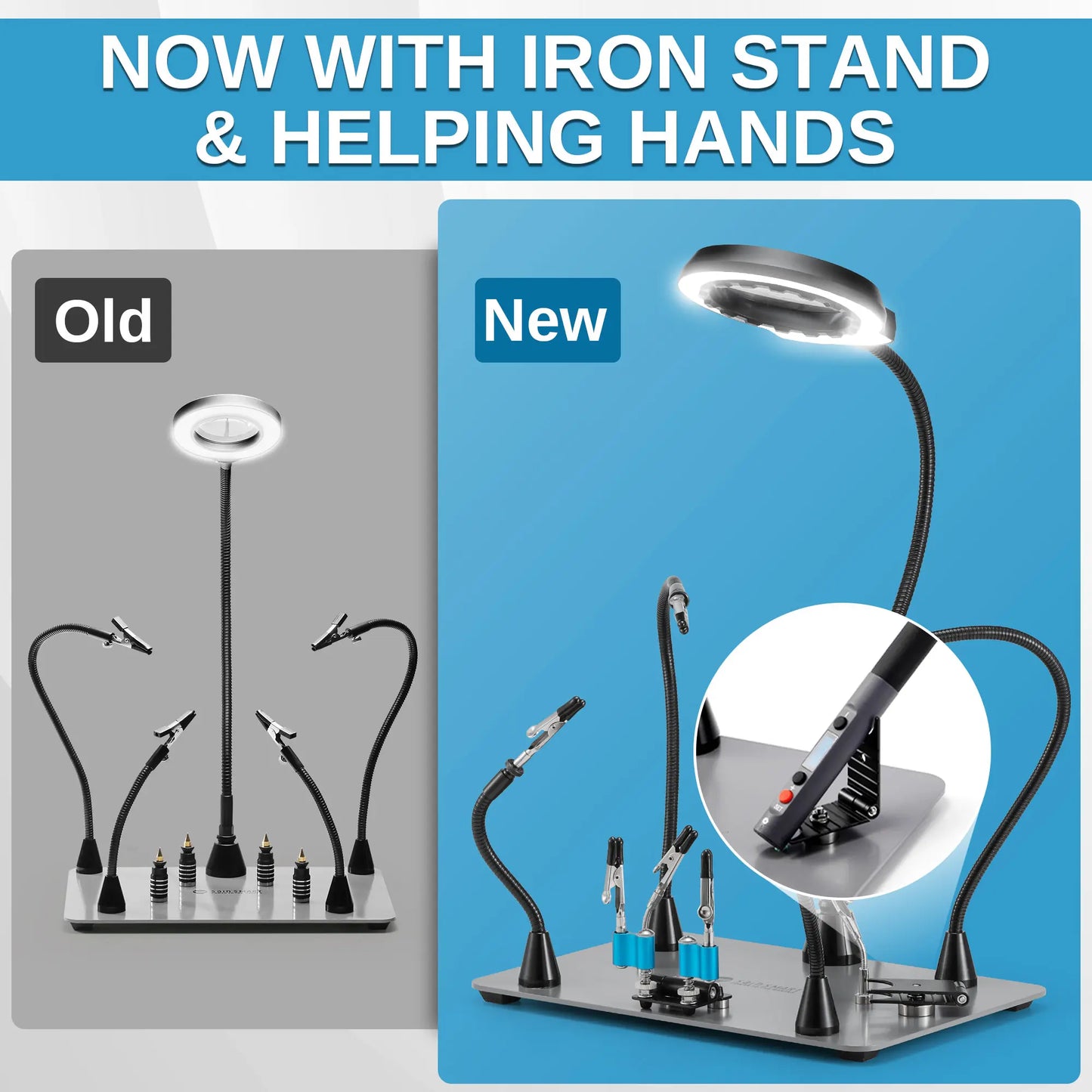 Upgraded Magnetic Helping Hands Soldering Station, New Soldering Iron & Mini Clip Holders, 5x Magnification Integrated LED, 6 Adjustable Gooseneck Arms, 11.1x7.1" Base, for DIY & Electronics