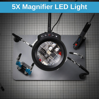 Upgraded Magnetic Helping Hands Soldering Station, New Soldering Iron & Mini Clip Holders, 5x Magnification Integrated LED, 6 Adjustable Gooseneck Arms, 11.1x7.1" Base, for DIY & Electronics
