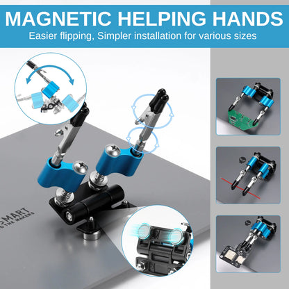Upgraded Magnetic Helping Hands Soldering Station, New Soldering Iron & Mini Clip Holders, 5x Magnification Integrated LED, 6 Adjustable Gooseneck Arms, 11.1x7.1" Base, for DIY & Electronics