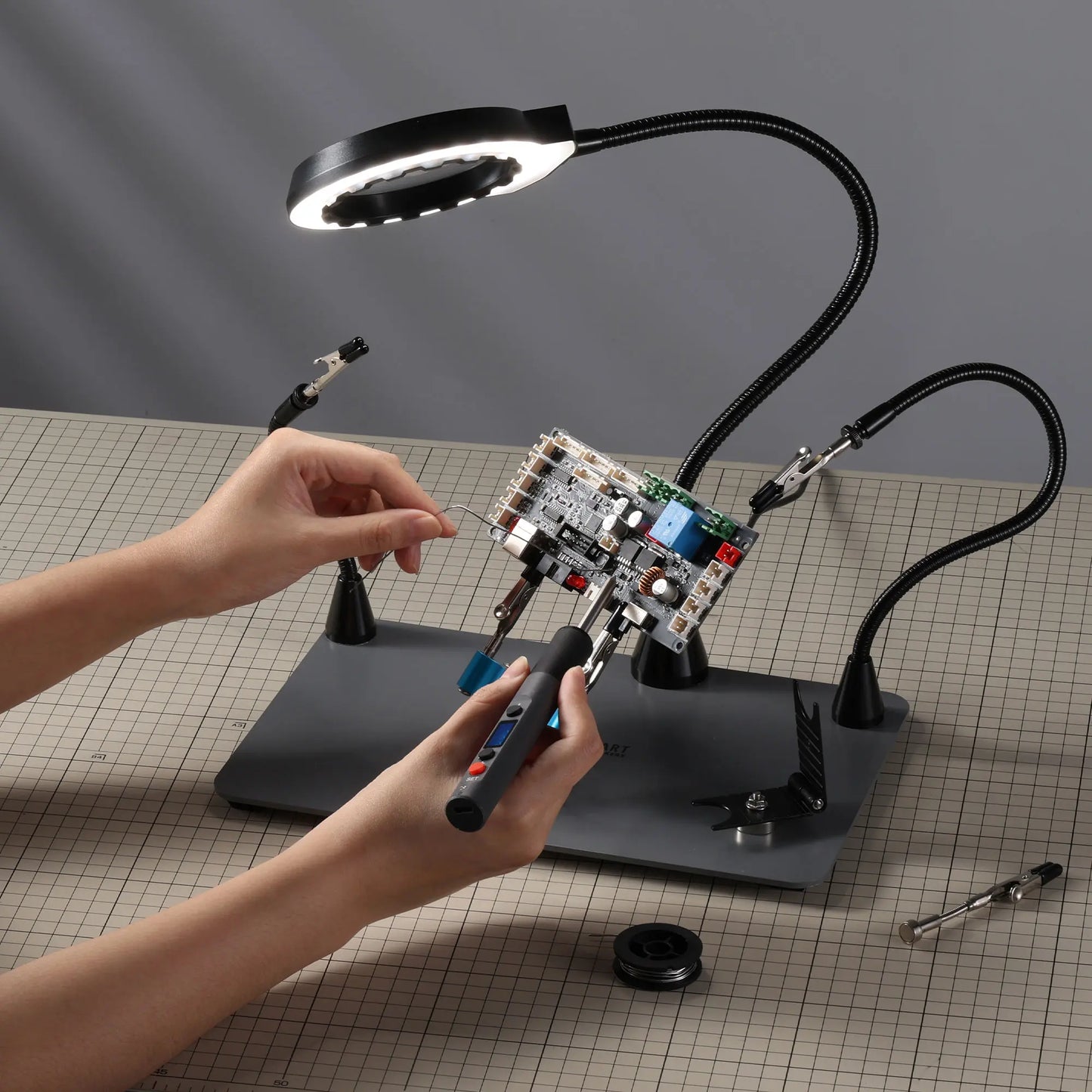 Upgraded Magnetic Helping Hands Soldering Station, New Soldering Iron & Mini Clip Holders, 5x Magnification Integrated LED, 6 Adjustable Gooseneck Arms, 11.1x7.1" Base, for DIY & Electronics