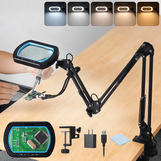 12X Magnifying Glass with Light and Clamp, Ultra Long 3-Section Arm, 5.3×3.2" Glass Lens, 5000LM 5 Colors Temperatures & 10 Brightness, Large Magnifying Lamp for Electronics, Crafting, Hobby