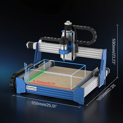 CNC machine with dimensions displayed on a dark background