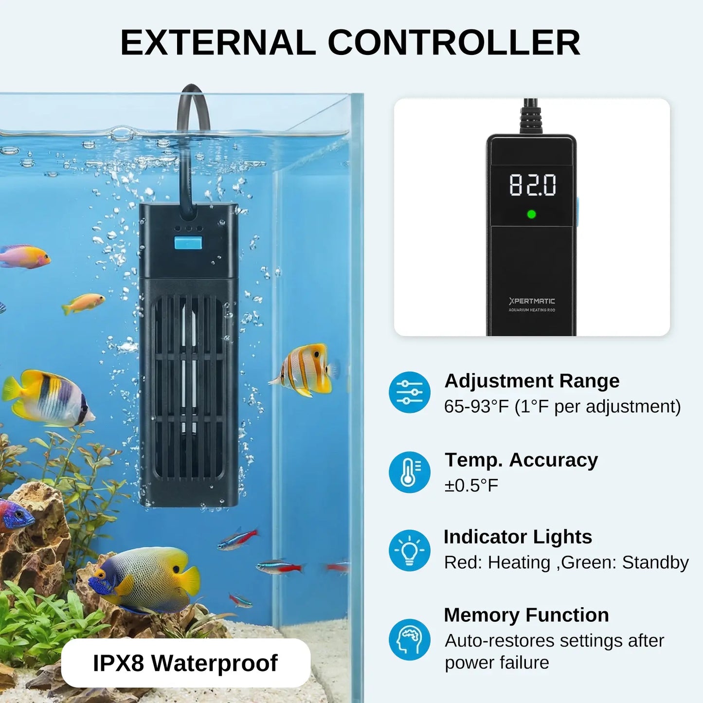 XPERTMATIC Premium 200W/300W Aquarium Heater for 15–26 Gal Tanks, 65–93°F Adjustable, Submersible Fish Tank Heater with External Probe & PID Control, Auto Shut-Off, Quartz Glass, Fresh & Saltwater Safe