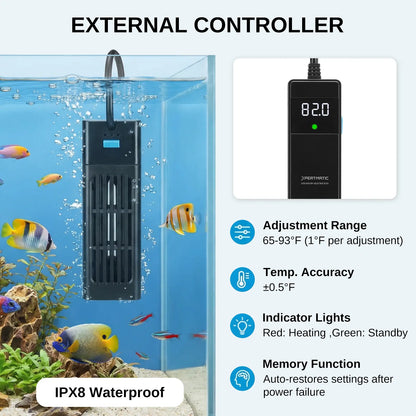 XPERTMATIC Premium 200W/300W Aquarium Heater for 15–26 Gal Tanks, 65–93°F Adjustable, Submersible Fish Tank Heater with External Probe & PID Control, Auto Shut-Off, Quartz Glass, Fresh & Saltwater Safe
