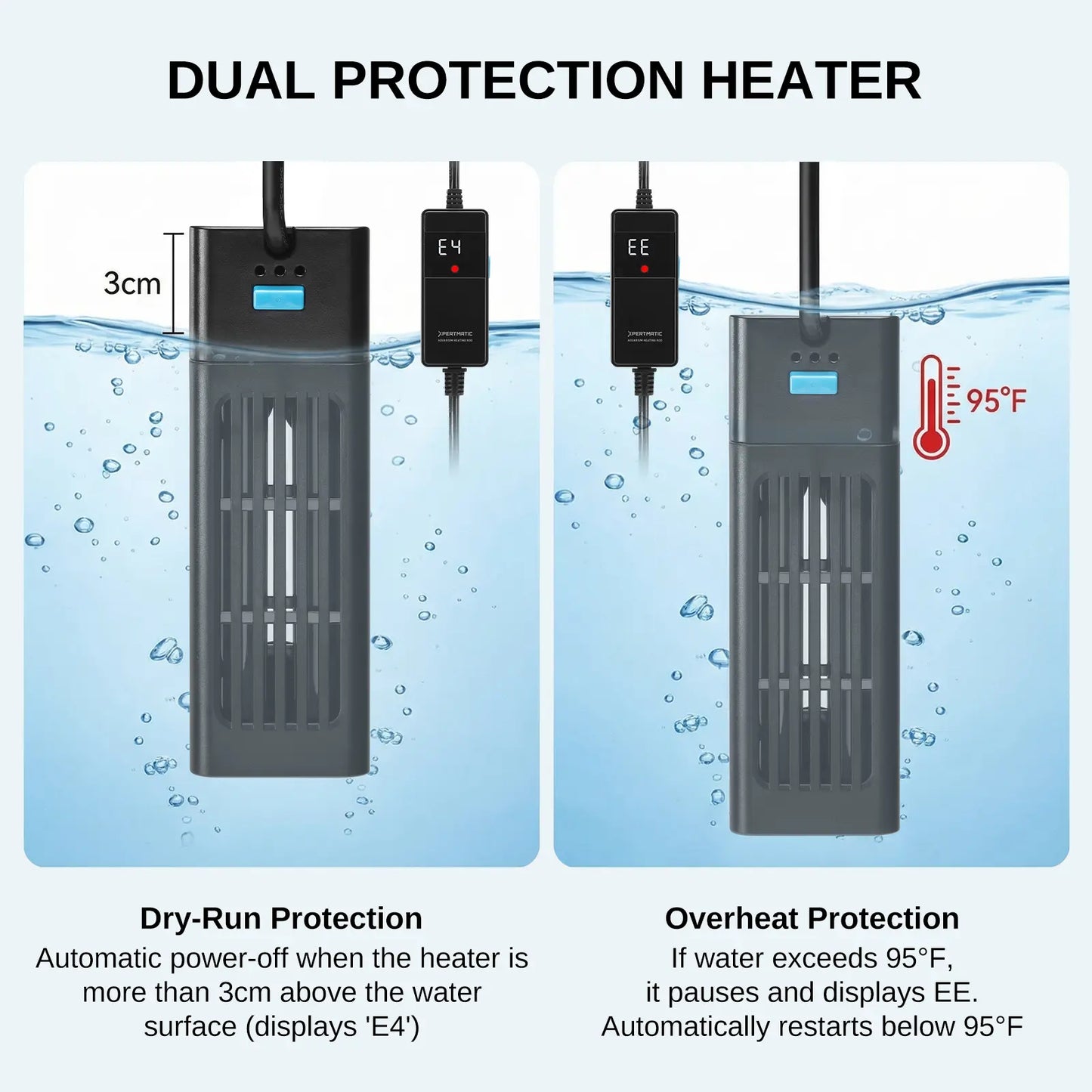 XPERTMATIC Premium 200W/300W Aquarium Heater for 15–26 Gal Tanks, 65–93°F Adjustable, Submersible Fish Tank Heater with External Probe & PID Control, Auto Shut-Off, Quartz Glass, Fresh & Saltwater Safe