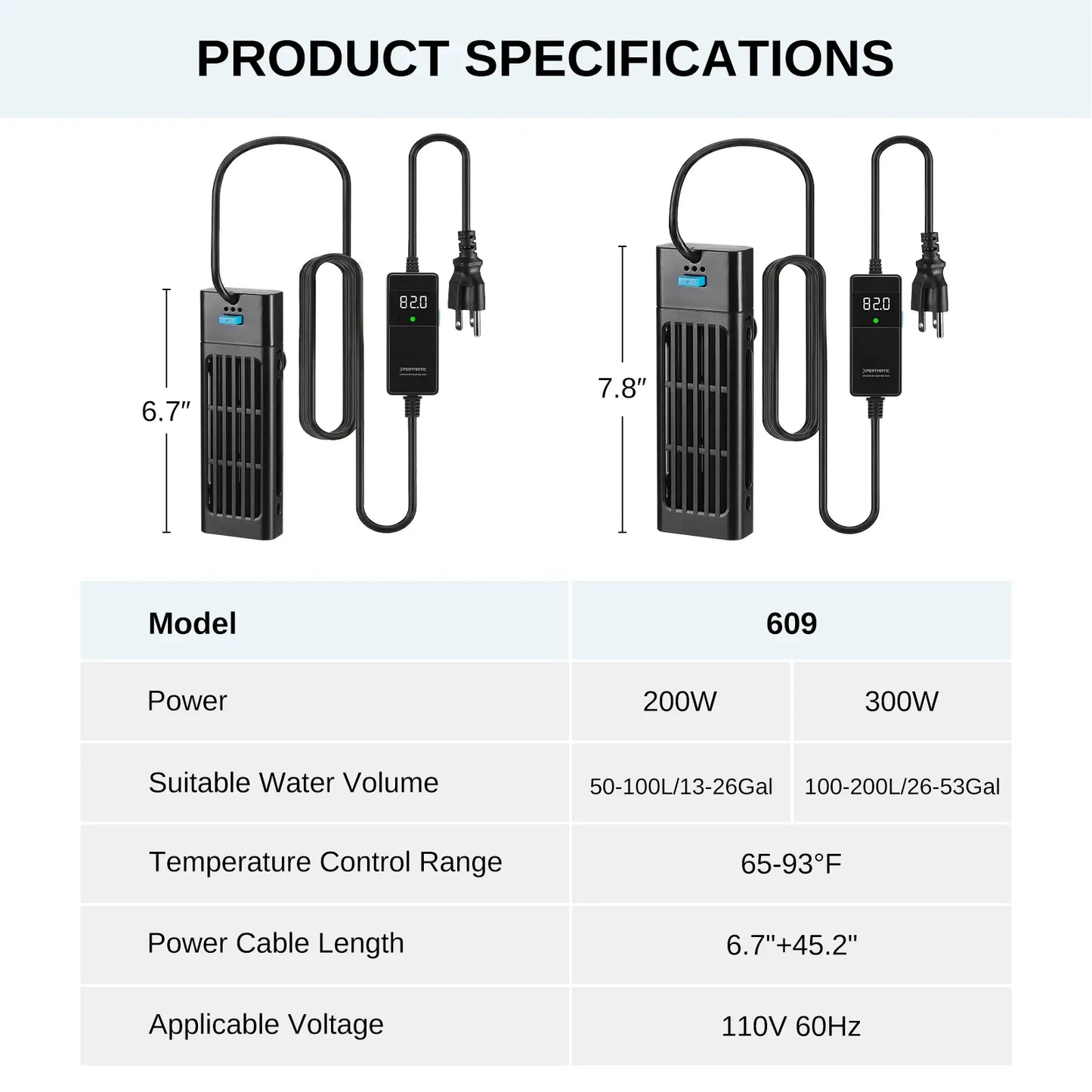 XPERTMATIC Premium 200W/300W Aquarium Heater for 15–26 Gal Tanks, 65–93°F Adjustable, Submersible Fish Tank Heater with External Probe & PID Control, Auto Shut-Off, Quartz Glass, Fresh & Saltwater Safe