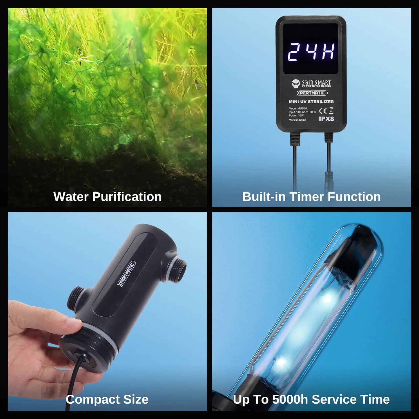 XpertMatic Aquarium 10W Clean Light, Mini Submersible Aquarium Light with Timer, Waterproof Cleaning Lamp Greening for 40-80 gallon Fish Tank and Aquariums