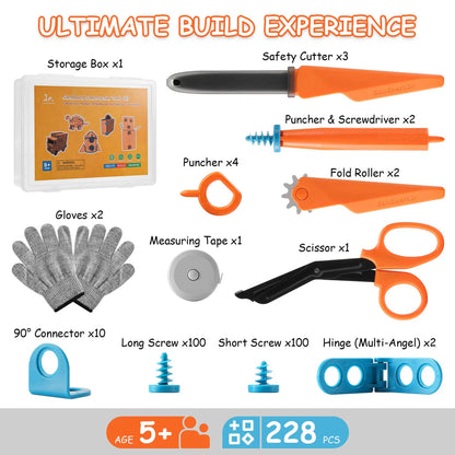 Set of building tools and accessories with packaging on a white background