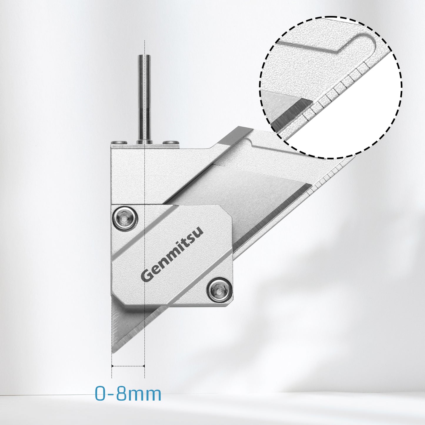 Metal tool with 'Genmitsu' branding and a close-up detail on a light gray background