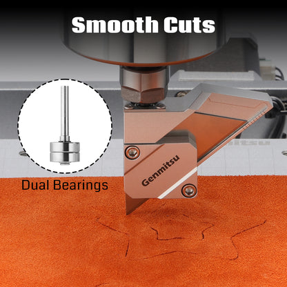 CNC router with Genmitsu branding on a leather surface, highlighting 'Smooth Cuts' and 'Dual Bearings'.