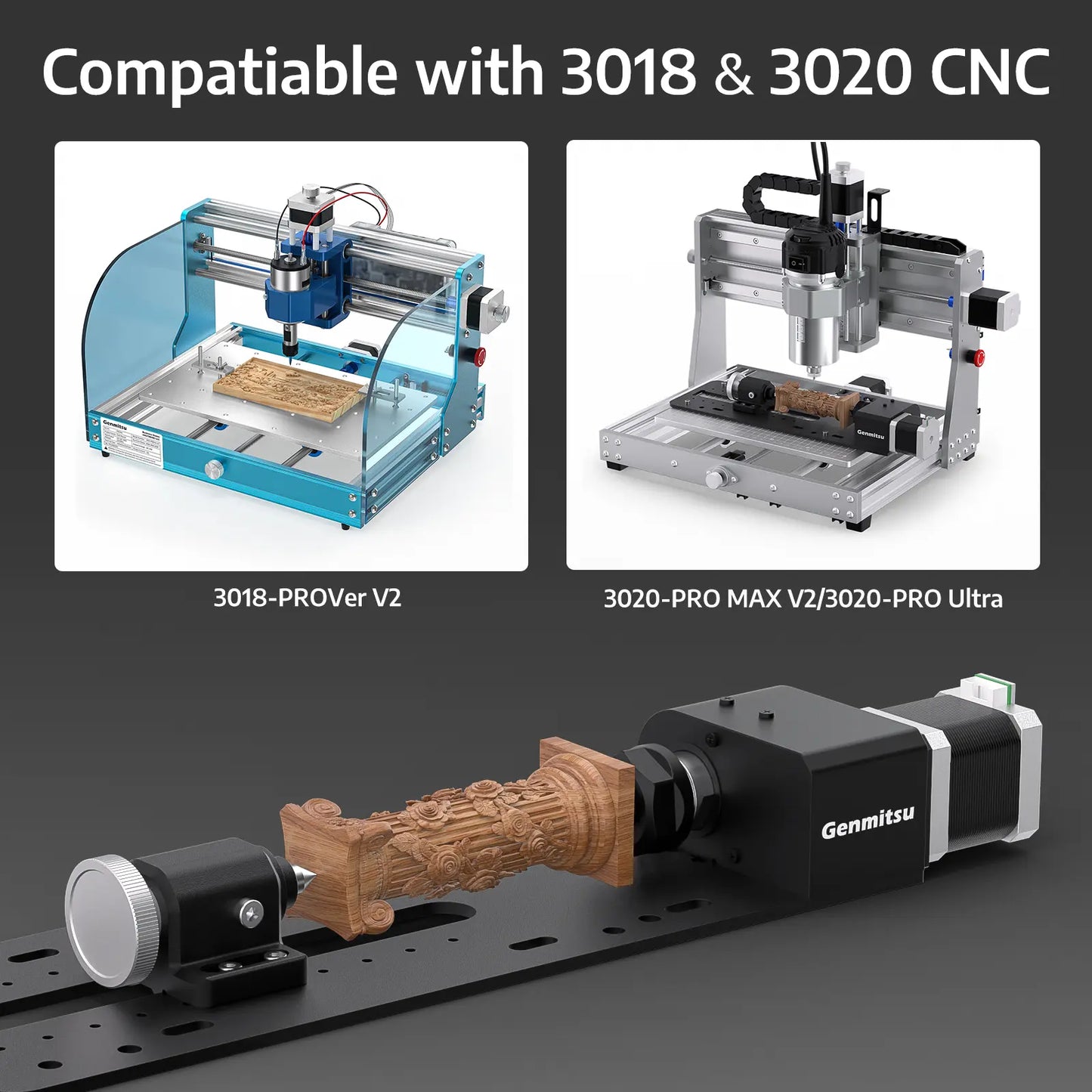 Rotary Module for CNC Router Machine, 184mm Clamp Range, Compatible with 3018-PROVer V2, 3020-PRO Ultra, 3020-PRO MAX V2 CNC Machine.