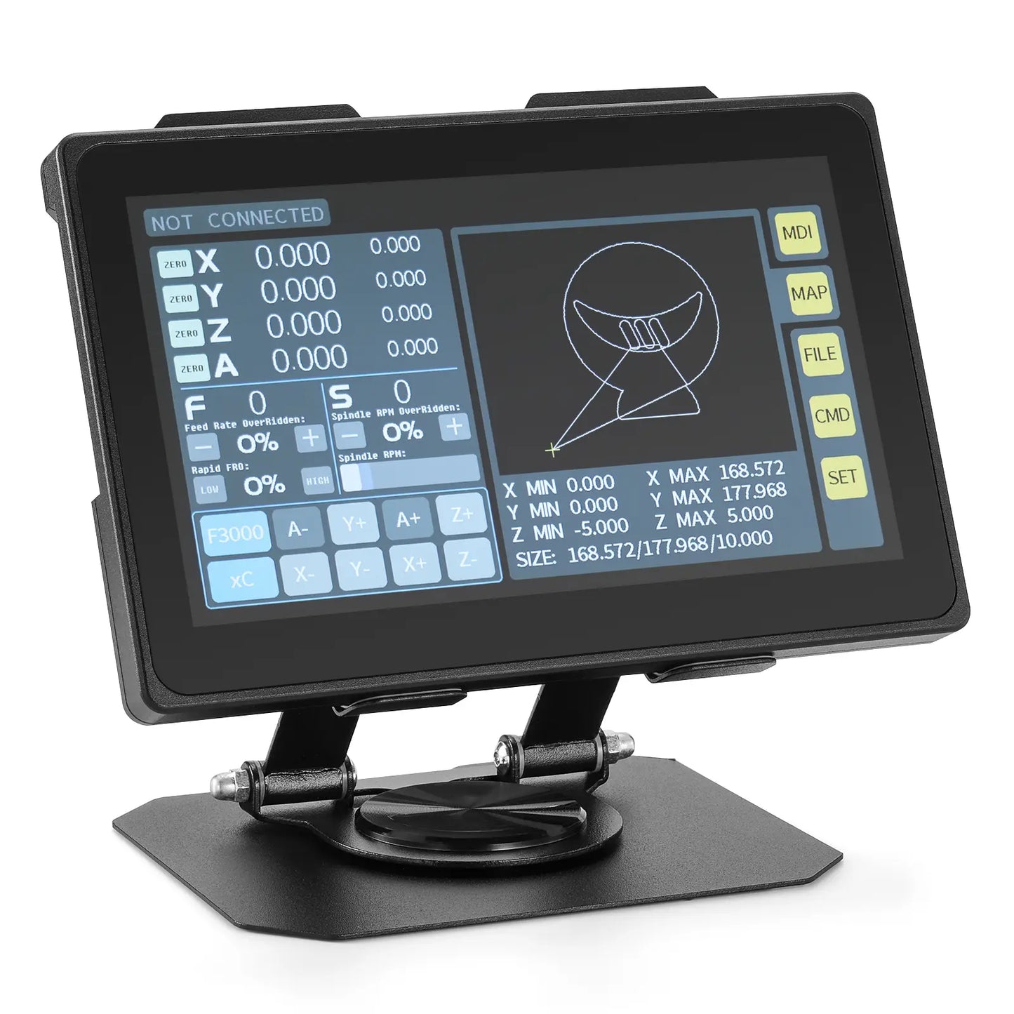 A black industrial touchscreen controller with a mounting bracket and stand, shown on a clean white background. The screen displays a blue and gray interface with buttons labeled MX, MAP, PLE, CMD, and SET.