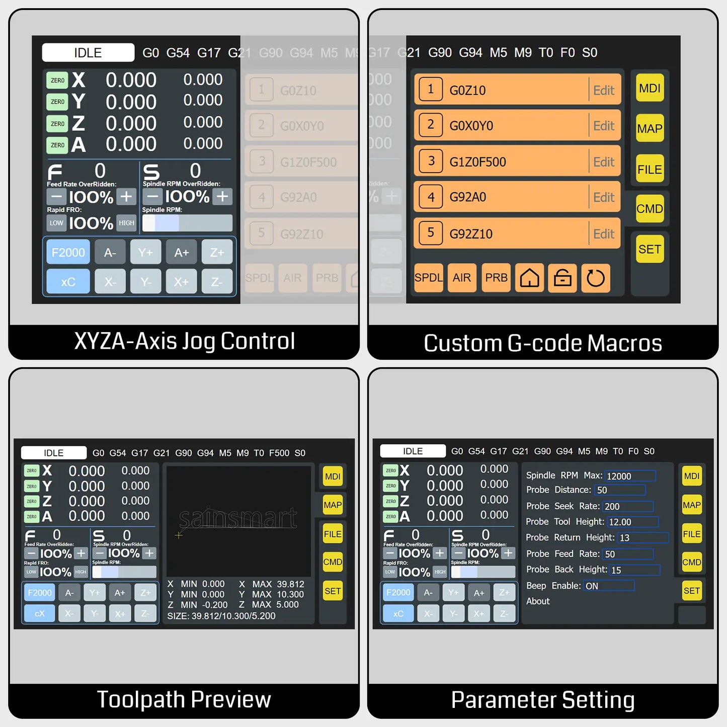 A four-panel technical diagram showing touchscreen CNC controller interfaces labeled 'XYZ-Axis Jog Control', 'Custom G-code Macros', 'Toolpath Preview', and 'Parameter Setting'.